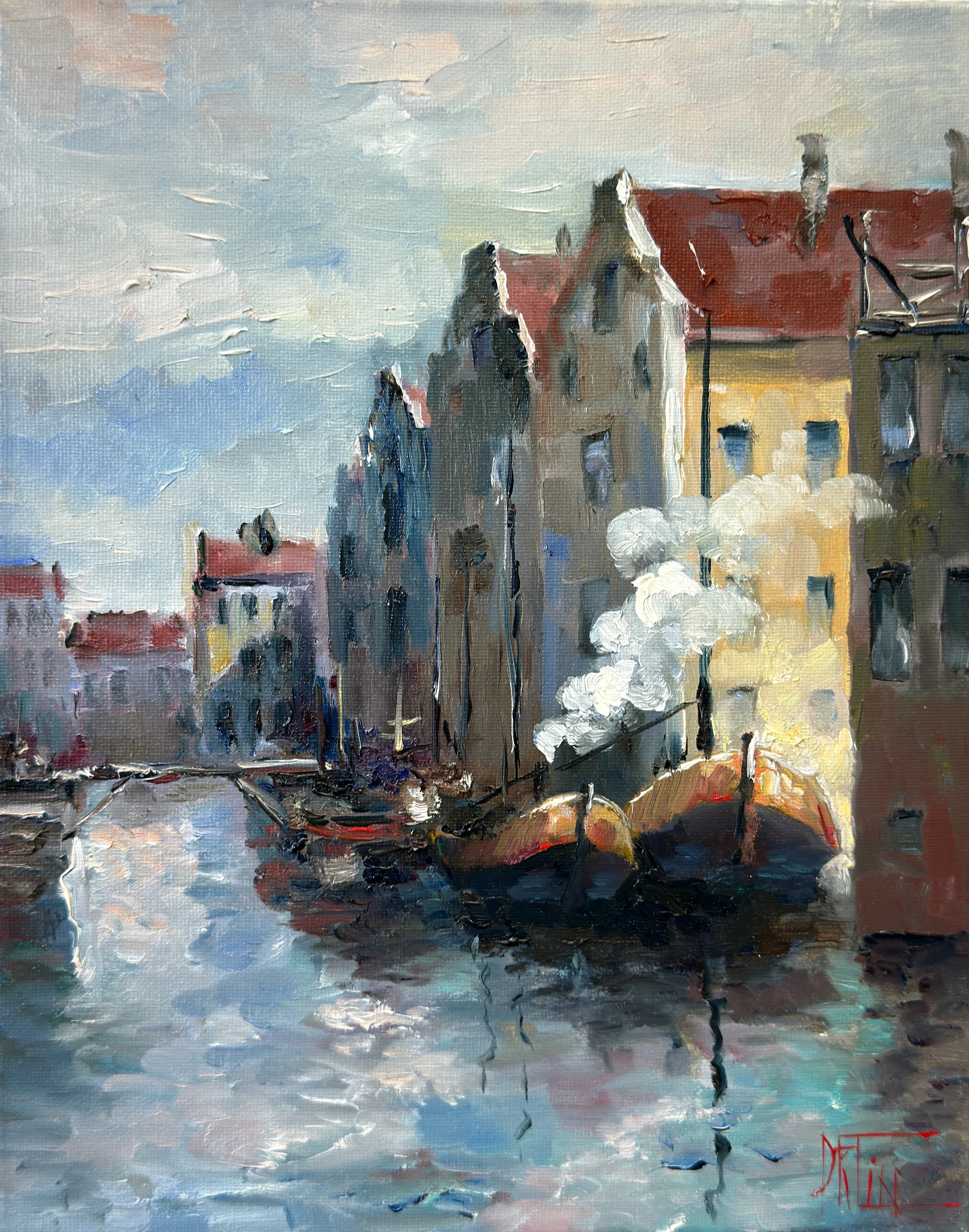 city on river – oil painting by Pavel Filin